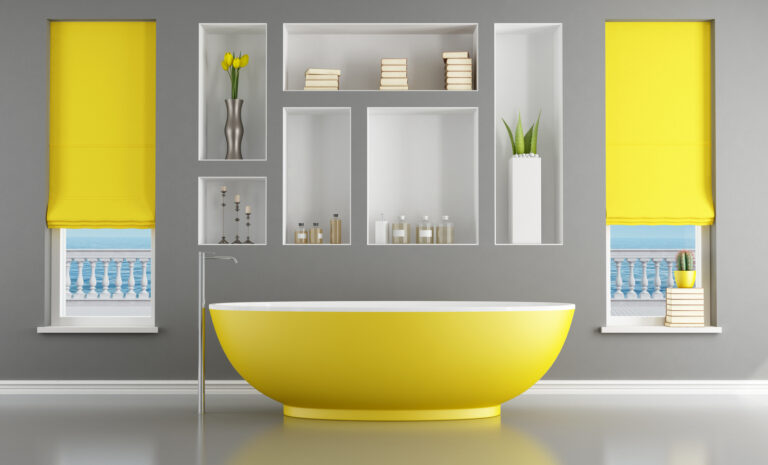Trendi és frissítő: sárga és szürke színek a fürdőszobában